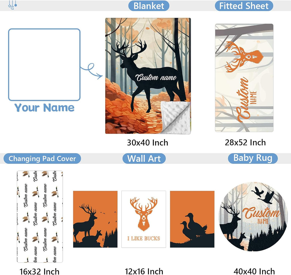 KAINSY Personalized Baby Crib Bedding Set, 5 Pcs Custom Baby Crib Set with Name, Soft Flannel Deer Crib Bedding Set for Boys, Double Layer Nursery Bedding Set, Toddler Infant Bedding Set Parents Gift