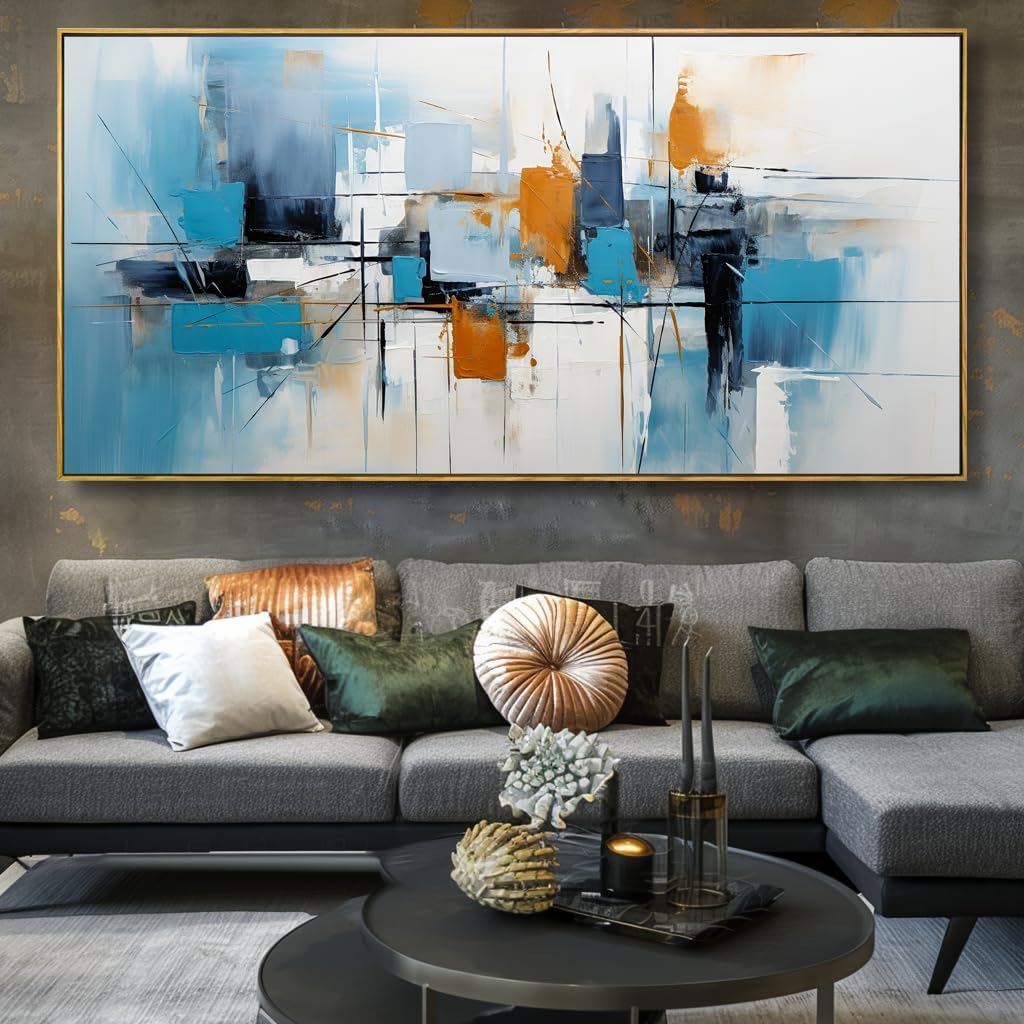 Wall Art Abstract Wall Decor Blue Orange Colorful Canvas Painting Modern Artwork for Living Room Bedroom Dining Room Home Office Decor 24'x48' with Framed
