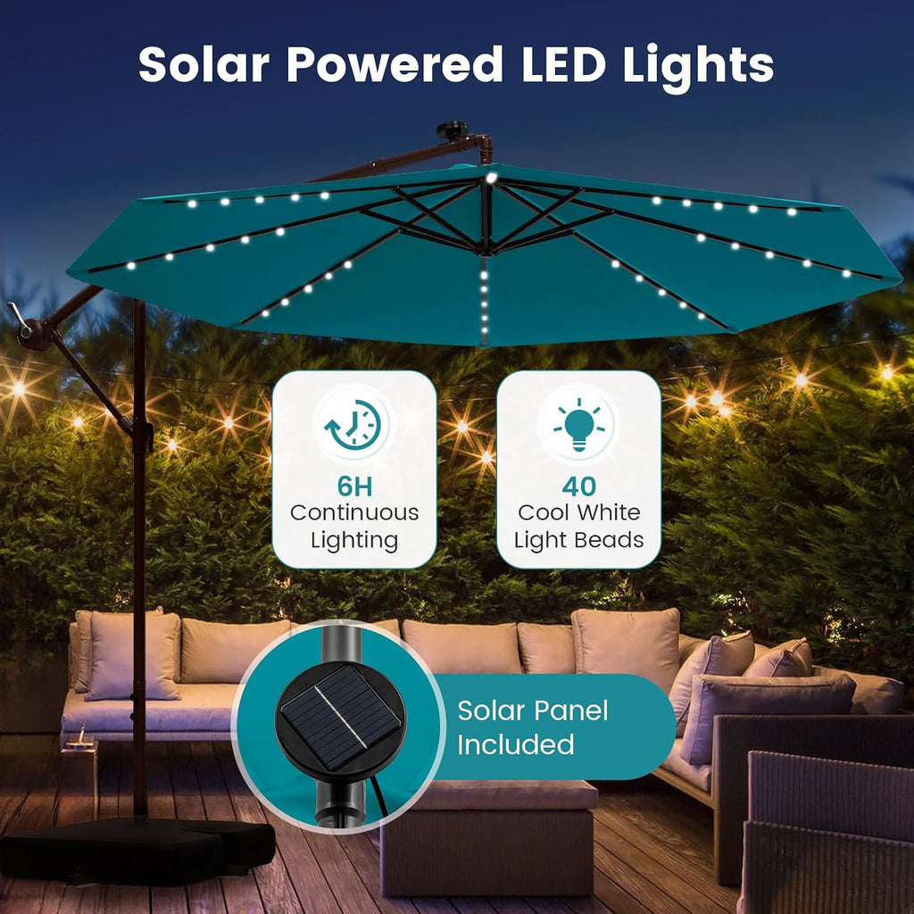 Tangkula 10FT Offset Patio Umbrella with Base Included, Outdoor Cantilever Umbrella with 40 Solar LED Lights, Tilt Adjustment, Crank Handle, Vented Top, Sand Bags for Pool Yard Deck (Turquoise)