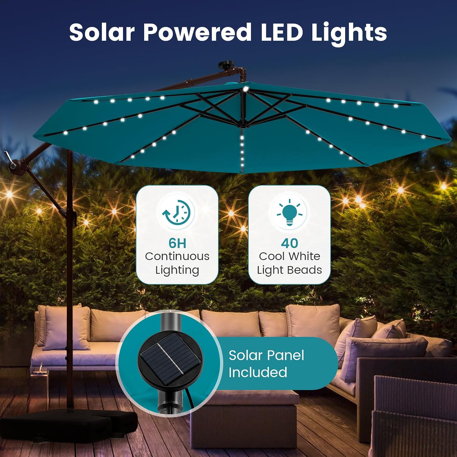 Tangkula 10FT Offset Patio Umbrella with Base Included, Outdoor Cantilever Umbrella with 40 Solar LED Lights, Tilt Adjustment, Crank Handle, Vented Top, Sand Bags for Pool Yard Deck (Turquoise)