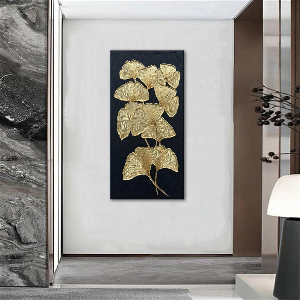 Slyart Large Gold Gingko Paintings Vertical Textured Wall Art, Gold and Black 3D Abstract Oil Painting on Canvas Wall Art Ready to Hang
