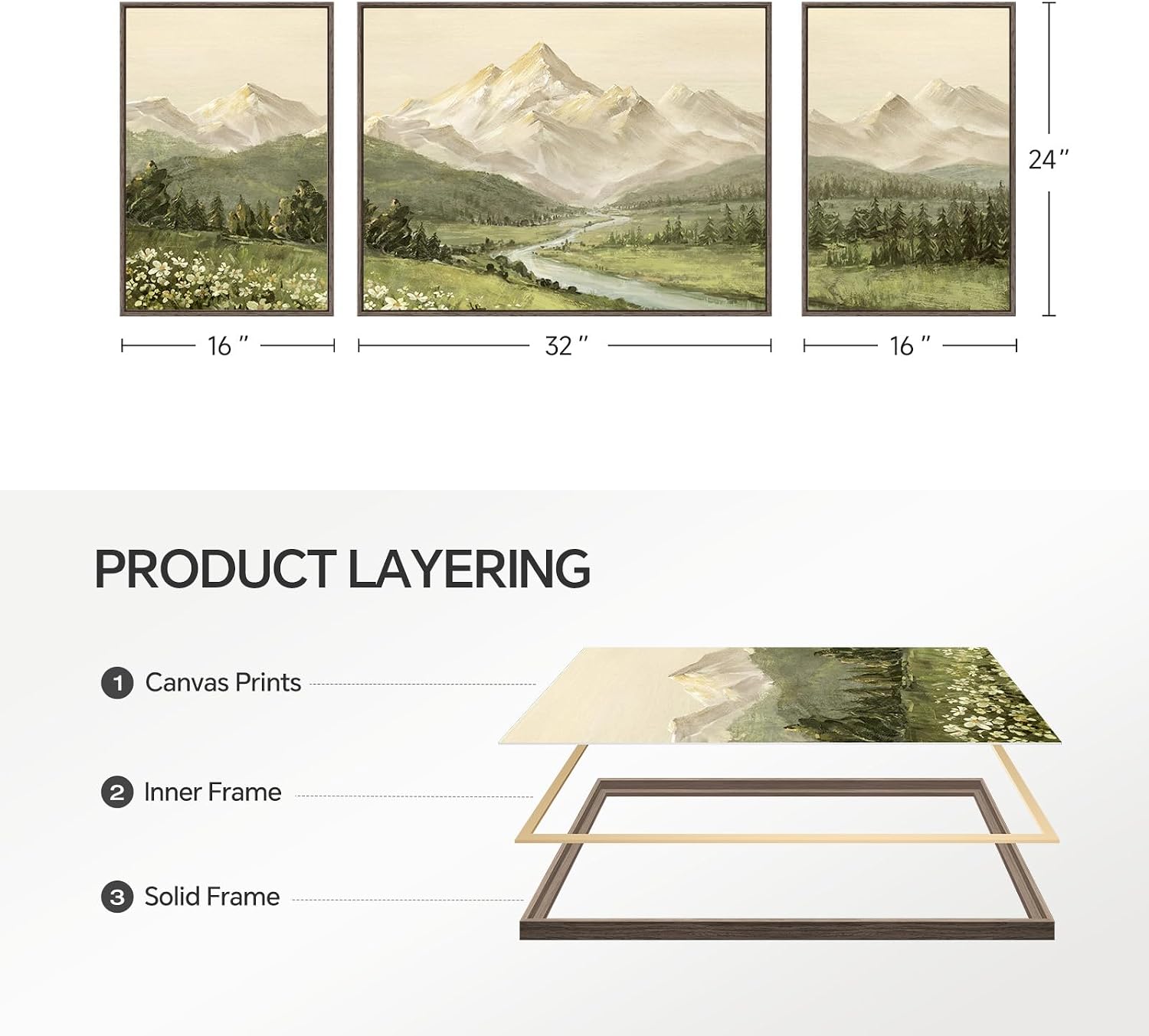 Large Framed Mountain Wall Art for Living Room, 3 Piece Modern Green Landscape Canvas Artworks, Forest River Nature Scenery Painting Prints for Bedroom Entryway Hallway Home Office Wall Decor