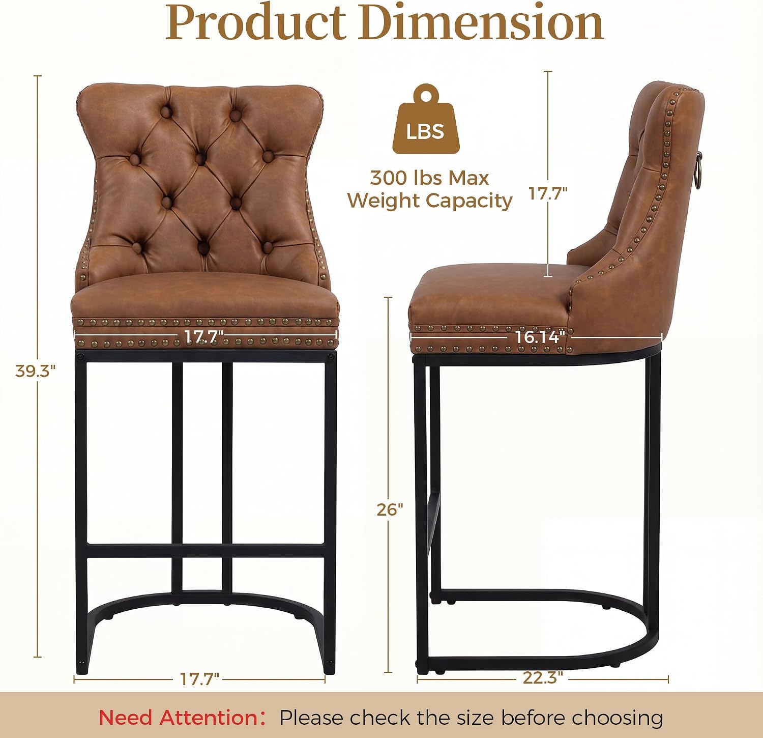 AQO Counter Height Bar Stools Set of 2 for Kitchen Island, Modern Bar Stools with Backs, 26 Inch Barstools with Upholstered Faux Leather Seat and Footrest, Brown