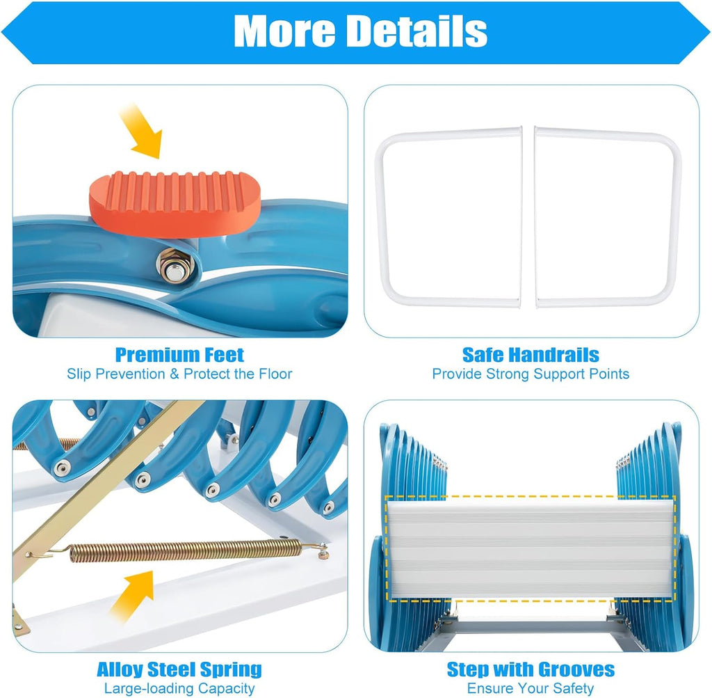 12 Steps Attic Ladder, Wall Mounted Pull Down Loft Steps Folding Stairs, 9.5-10.1Ft Height Aluminum Alloy Narrow Attic Extension Ladder w/Armrests for Basements Warehouses (12, Blue)