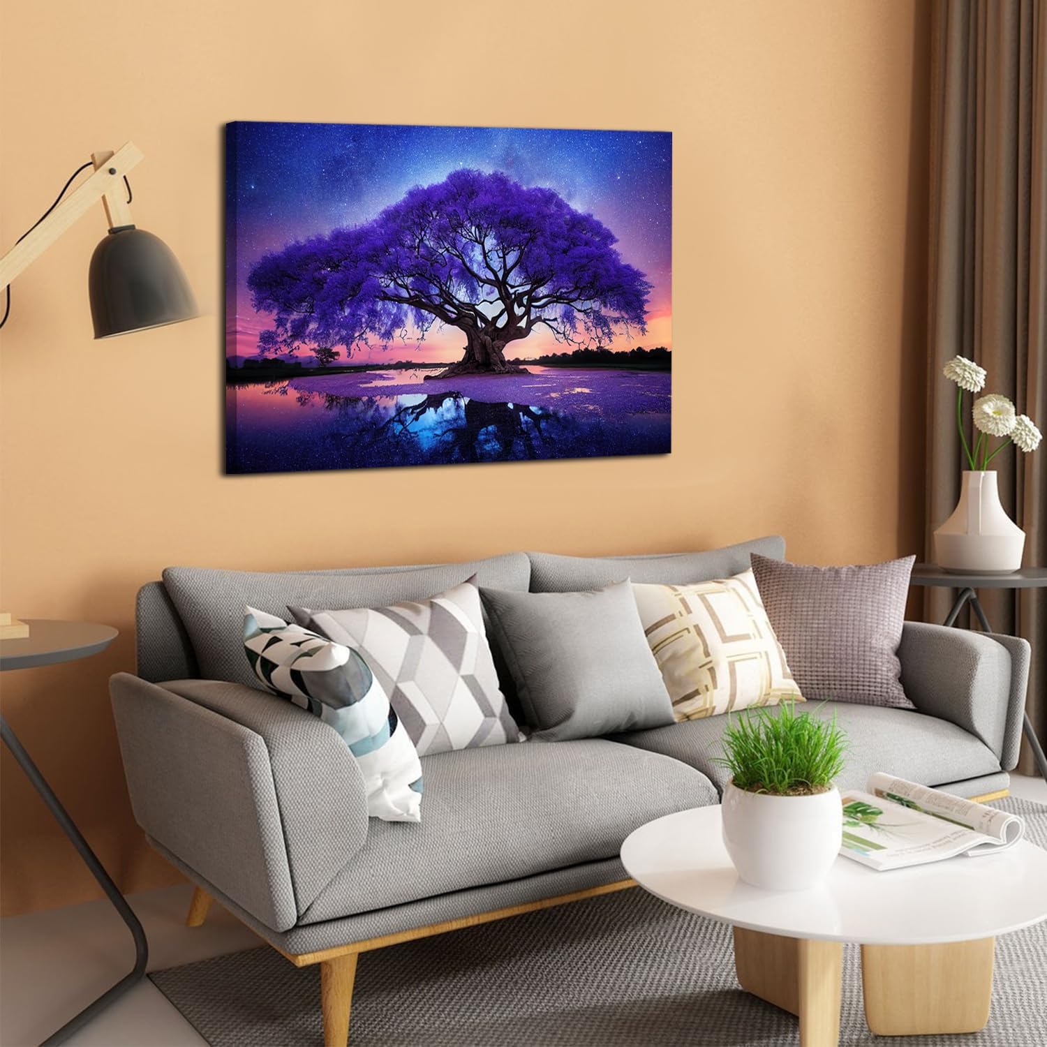 Purple Tree Landscape Wall Art Blue Starry Night Picture Artwork for Living Room Wall Decor Abstract Nature Scenery Canvas Print Painting for Modern Bedroom Bathroom Home Office Decoration 32x48'