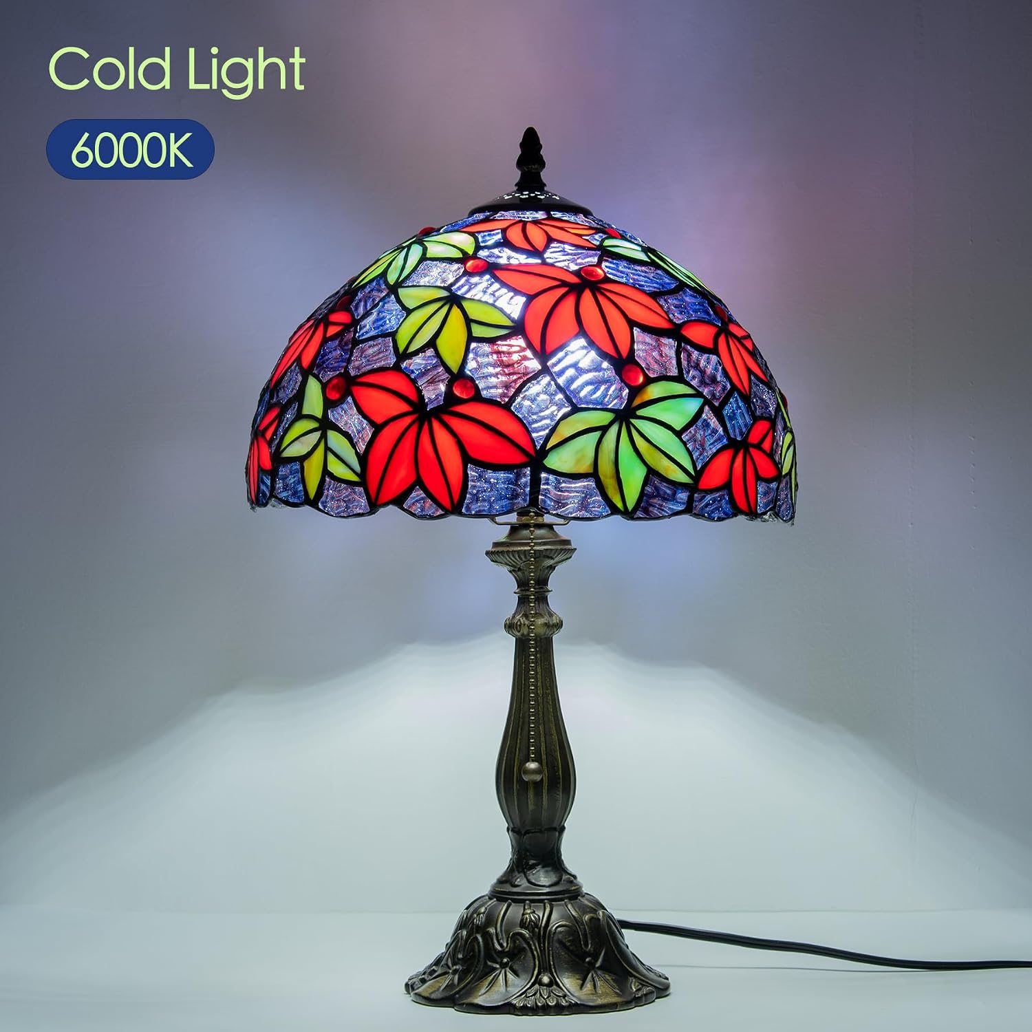 Tiffany Style Stained Glass Table Lamp, Maple Leaf Desk Light with Antique Bronze Resin Base, Multicolor Reading Lighting for Bedroom, Living Room, Office 12'X12'X19 (Maple-Purple Blue)