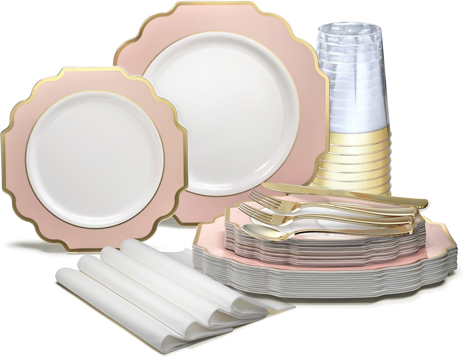 ' OCCASIONS ' 960 Piece set (120 Guests)-Heavyweight Wedding Party Disposable Plastic Plate Set - 120 x 10.5'' + 120 x 8'' + Silverware + Cups + Napkins (Imperial in Blush Pink & Gold)