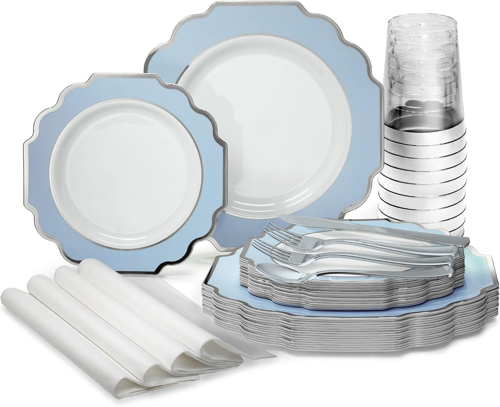 OCCASIONS 960-Piece Disposable Dinnerware Set for 120 – Heavy Duty Plates, Silverware, Cups, Napkins – Party Supplies-Imperial Blue & Silver
