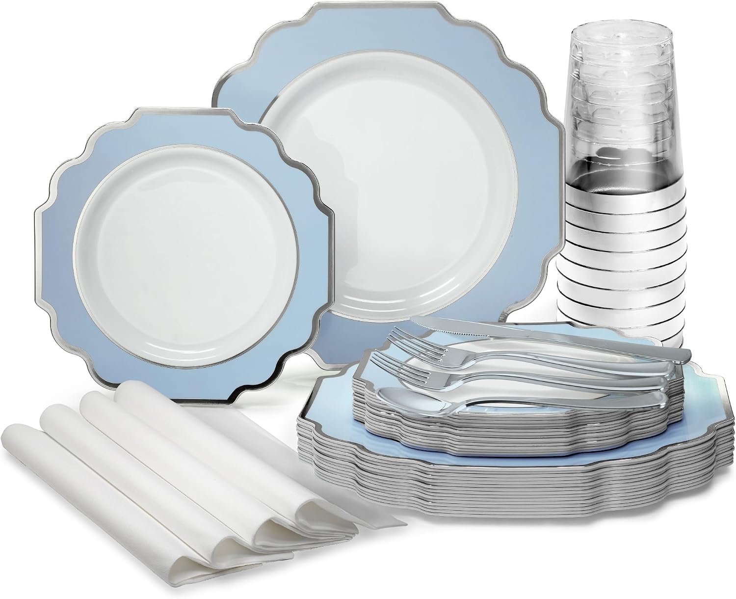 OCCASIONS 960-Piece Disposable Dinnerware Set for 120 – Heavy Duty Plates, Silverware, Cups, Napkins – Party Supplies-Imperial Blue & Silver