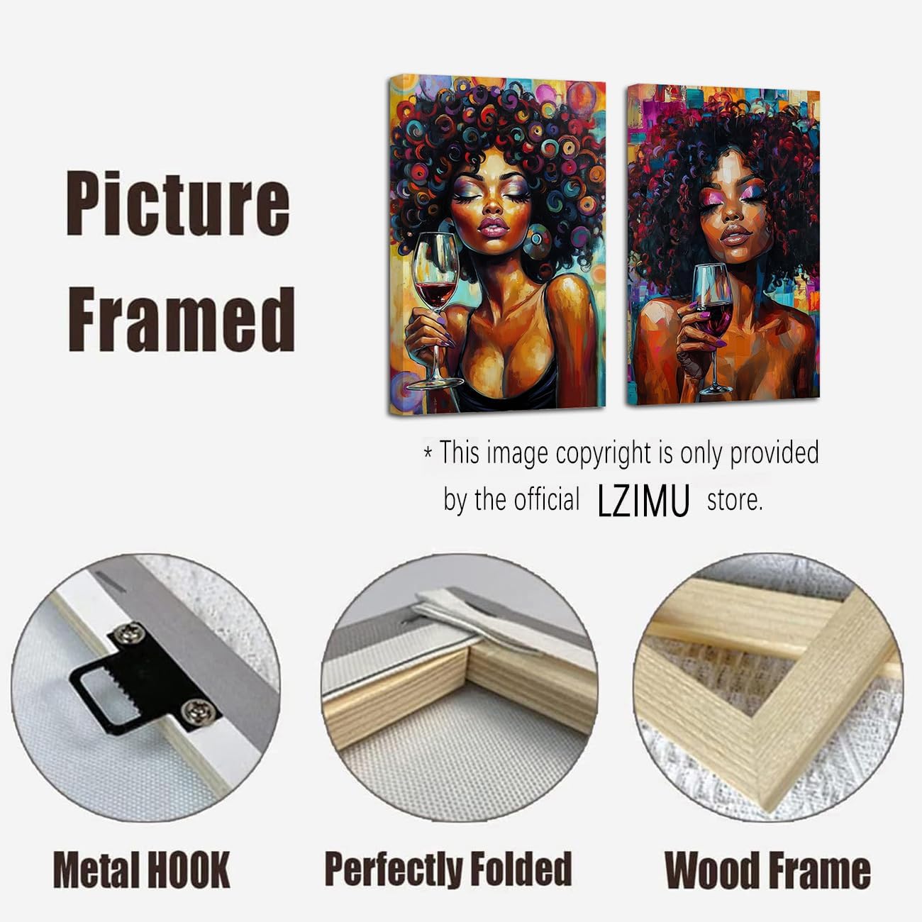 LZIMU African American Pictures Wall Art 2 Pieces Black Girl Painting Abstract Black Woman Portrait Canvas Prints Black Art Wall Decor Framed (Silver, 24x36inchx2 Pieces)