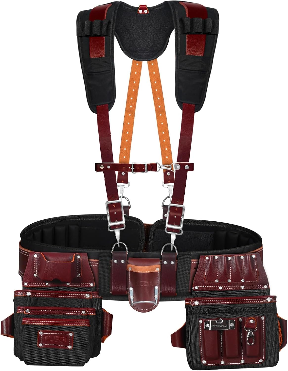 FUERI Electrician's Heavy Duty 26 Pocket Leather-Nylon Tool Belt & Suspender Combo, Comfort Back Support Padded Belt, 2 Large Storage Capacity Pouches, Best for Framers, Carpenter, Roofing