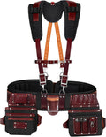 FUERI Electrician's Heavy Duty 26 Pocket Leather-Nylon Tool Belt & Suspender Combo, Comfort Back Support Padded Belt, 2 Large Storage Capacity Pouches, Best for Framers, Carpenter, Roofing