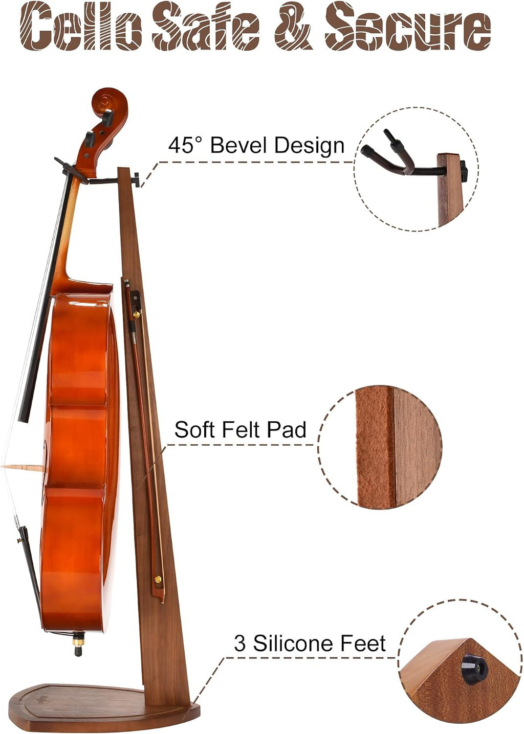 Cello Stand with Bow Holder, Handcrafted Walnut Wood Floor Stand for 4/4 Full-Size and 1/2, 1/4, 3/4, 1/8, 7/8, Cello Holder Rack for Home and Studio Display