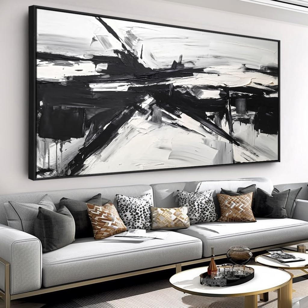 Wall Art Abstract Canvas Painting Black and White Modern Artwork for Living Room Bedroom Dining Room Home Office Decor 30'x60' with Framed