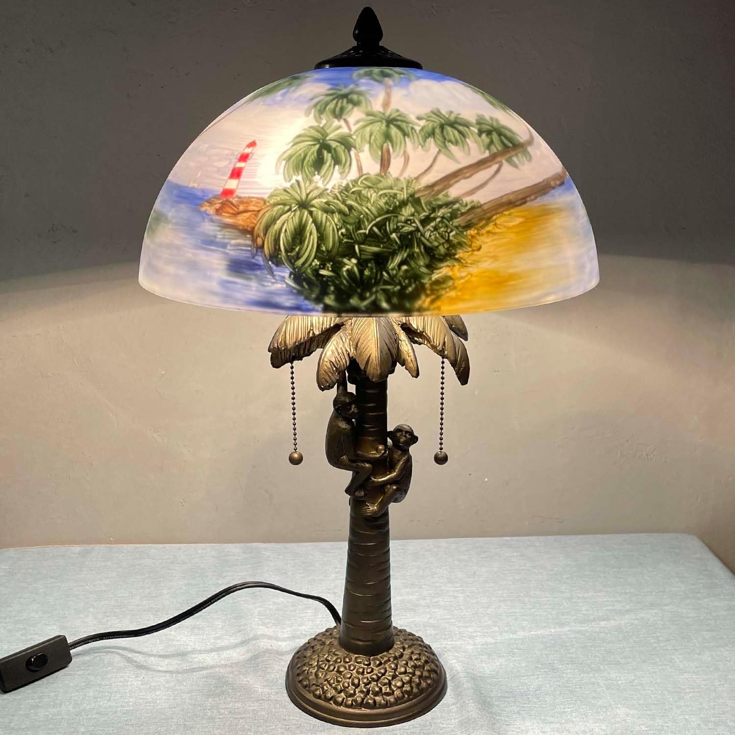 Bieye L10944 Coconut Trees Tropical Beach Hand-Painted Glass Table Lamp with Monkeys Harvesting Coconuts Lamp Base for Home Decor