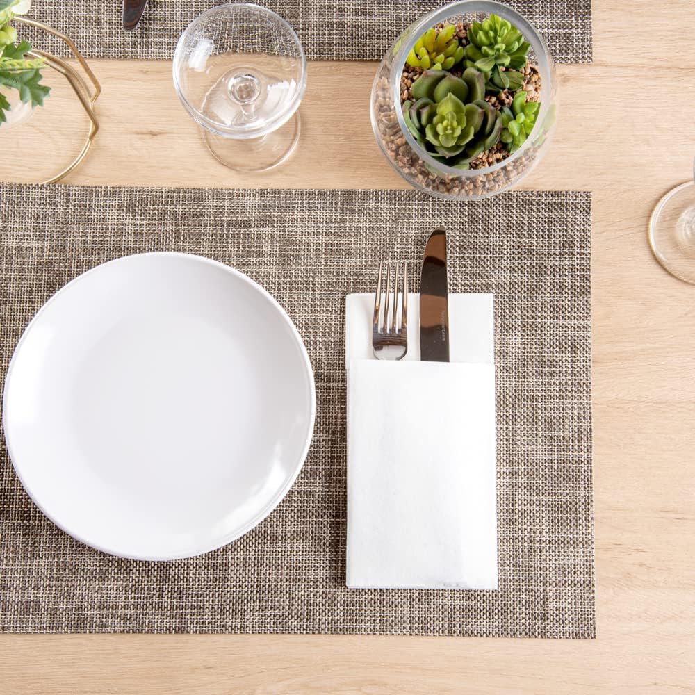 Restaurantware Luxenap 15.8 Inch Dinner Napkins 800 Linen Feel Disposable Napkins - Pre-Folded Built-In Pocket For Silverware White Paper Pocket Napkin Sleeves Absorbent
