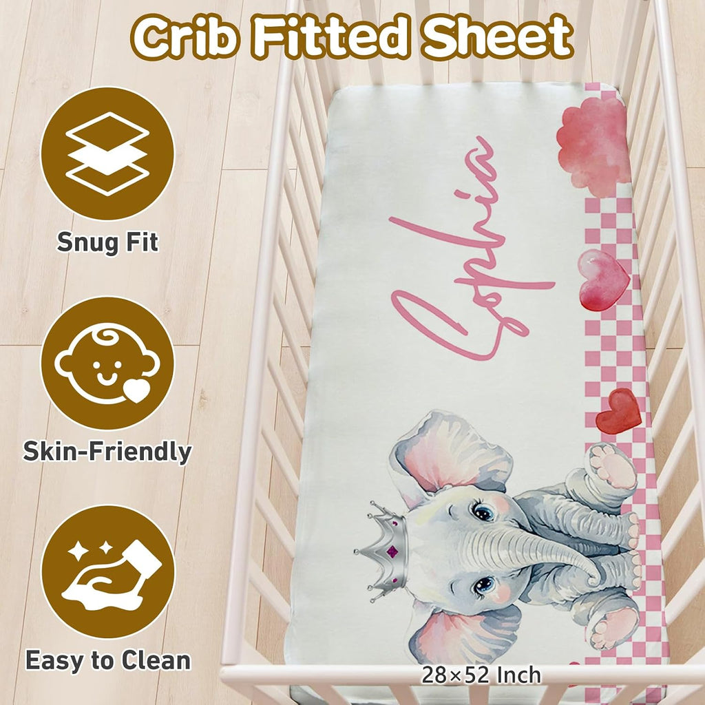 Terwex Personalized 5-Piece Baby Crib Bedding Set - Custom Name Nursery Set for Girls Boys, Soft Toddler Crib Set for Infant, Customized Gift, Pink Cute Elephant