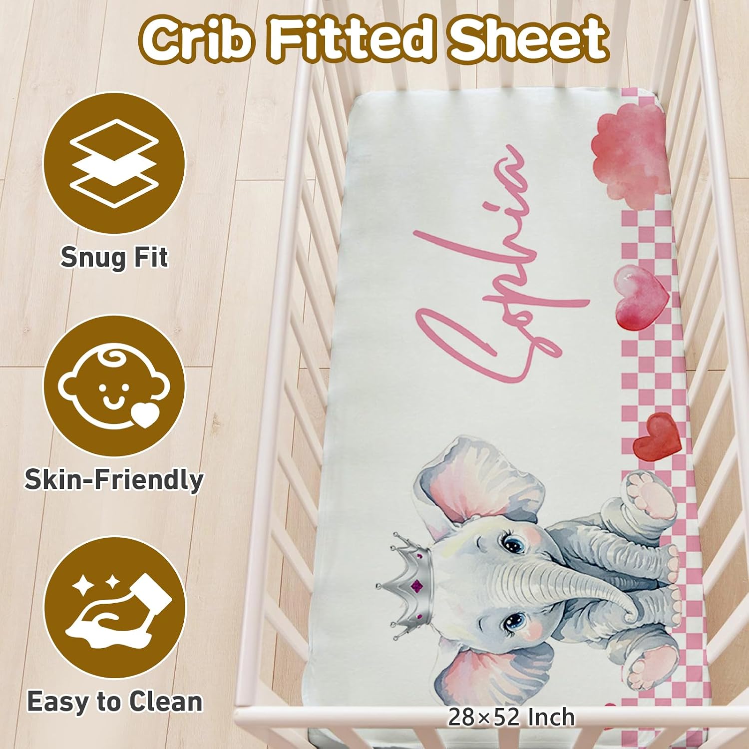 Terwex Personalized 5-Piece Baby Crib Bedding Set - Custom Name Nursery Set for Girls Boys, Soft Toddler Crib Set for Infant, Customized Gift, Pink Cute Elephant