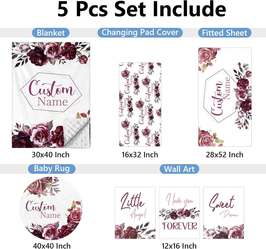 KAINSY Personalized Crib Bedding Set for Girls, 5 Pcs Nursery Bedding Crib Sets, Soft Custom Flowers Baby Crib Set with Name, Double Layer Baby Bedding Set Customized Gifts for Infants Toddlers Kids