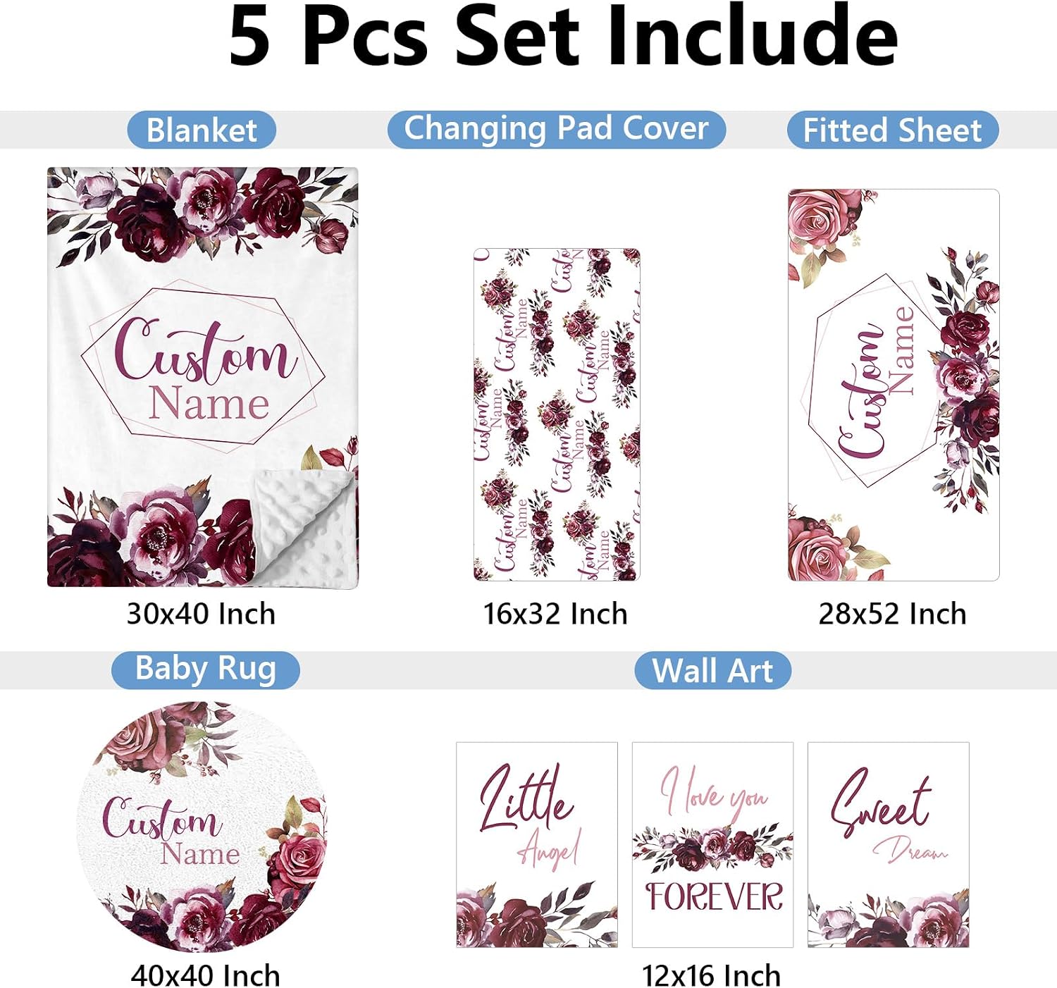 KAINSY Personalized Crib Bedding Set for Girls, 5 Pcs Nursery Bedding Crib Sets, Soft Custom Flowers Baby Crib Set with Name, Double Layer Baby Bedding Set Customized Gifts for Infants Toddlers Kids
