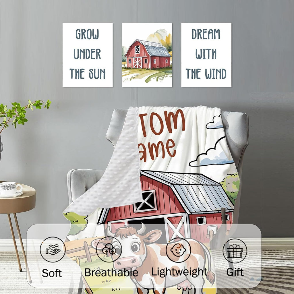 Personalized Crib Bedding Set for Baby Boys Girls, Farm Cabin Pattern Custom Name Baby Crib Sets 5-Pcs, Double Layer Baby Blanket Fitted Sheet Changing Pad Cover Rug Wall Art Set