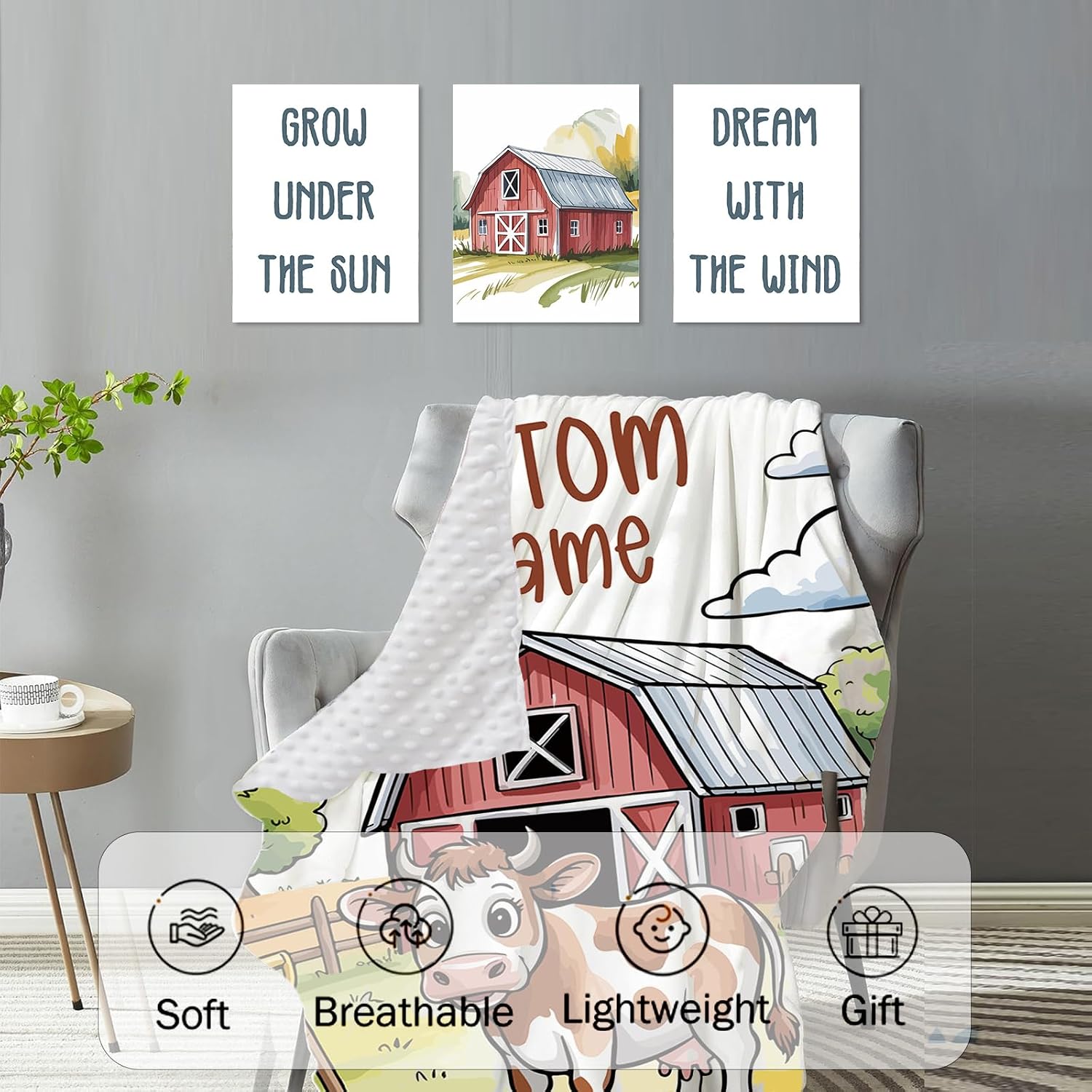 Personalized Crib Bedding Set for Baby Boys Girls, Farm Cabin Pattern Custom Name Baby Crib Sets 5-Pcs, Double Layer Baby Blanket Fitted Sheet Changing Pad Cover Rug Wall Art Set