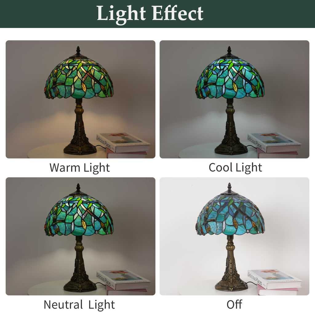 Skyblaze Tiffany Style Table Lamp, Stained Glass Desk Lamp, Vintage Dragonfly Night Light, 11.8 Inch Reading Light with Handmade Lampshade for Bedroom Living Room (Green)