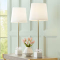 360 Lighting Phoebe Modern Glam Luxury Buffet Table Lamps 28 1/2' Tall Skinny Set of 2 Gold Metal White Tapered Drum Shade Glass Flower Accent Decor for Living Room House Home Dining Entryway