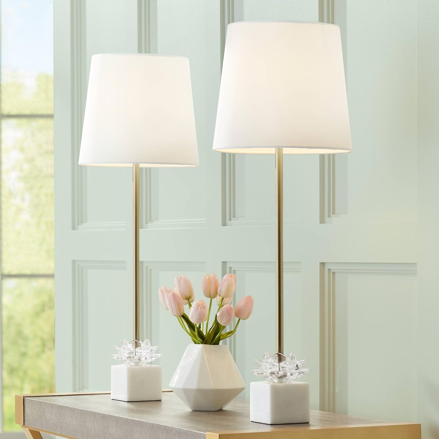 360 Lighting Phoebe Modern Glam Luxury Buffet Table Lamps 28 1/2' Tall Skinny Set of 2 Gold Metal White Tapered Drum Shade Glass Flower Accent Decor for Living Room House Home Dining Entryway