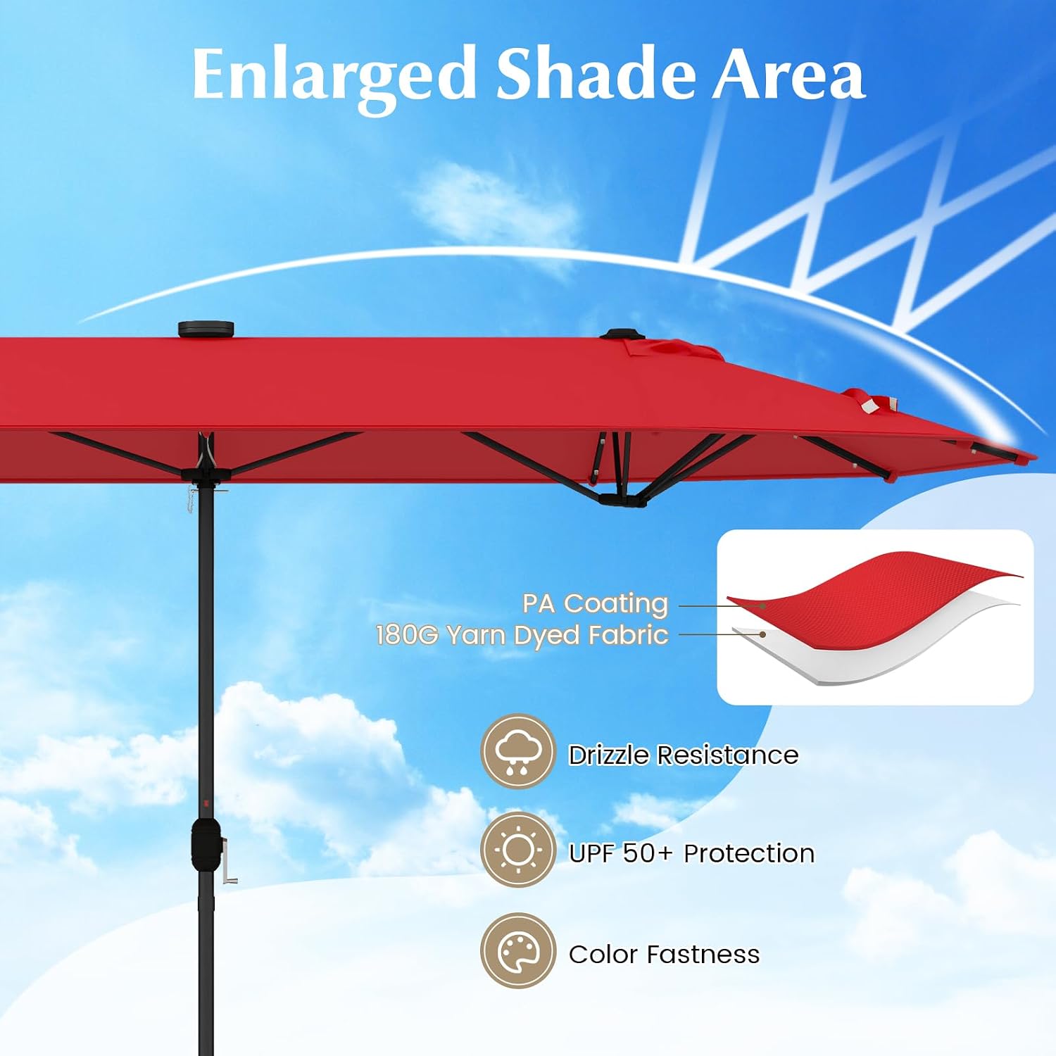 Tangkula 13FT Double-Sided Solar Patio Umbrella, Extra-Large Outdoor Twin Umbrella with 36 LED Lights, Vented Top, Crank Handle, 12 Ribs, Weighted Base Included for Backyard Poolside Deck (Wine)