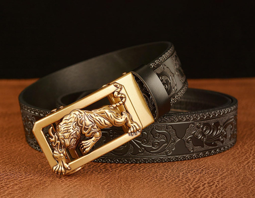 Mens Ratchet Leather Belt, Genuine Leather belts, Engraved Vintage Dragon Eagle Tiger Buckle, Business leisure belt