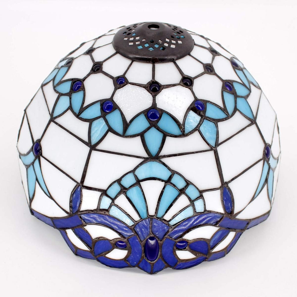 WERFACTORY Tiffany Lamp White Navy Blue Baroque Stained Glass Bedside Table Lamp Desk Reading Light 12X12X22 Inches Decor Bedroom Living Room Home Office S003B Series