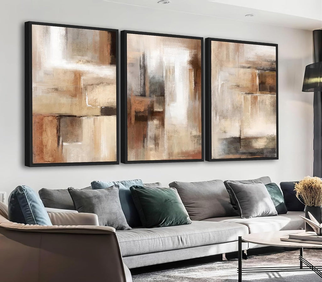 ASDCEUTICALS Large Canvas Wall Art - Brown and Beige Abstract Pictures for Living Room Vintage Wall Decor Retro Rustic Paintings Black Float Framed for Bedroom Dinning Room 24' X 36' X 3 pcs