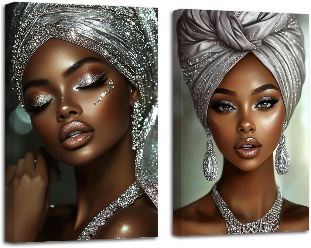 LZIMU African American Pictures Wall Art 2 Pieces Black Girl Painting Abstract Black Woman Portrait Canvas Prints Black Art Wall Decor Framed (Silver, 24x36inchx2 Pieces)