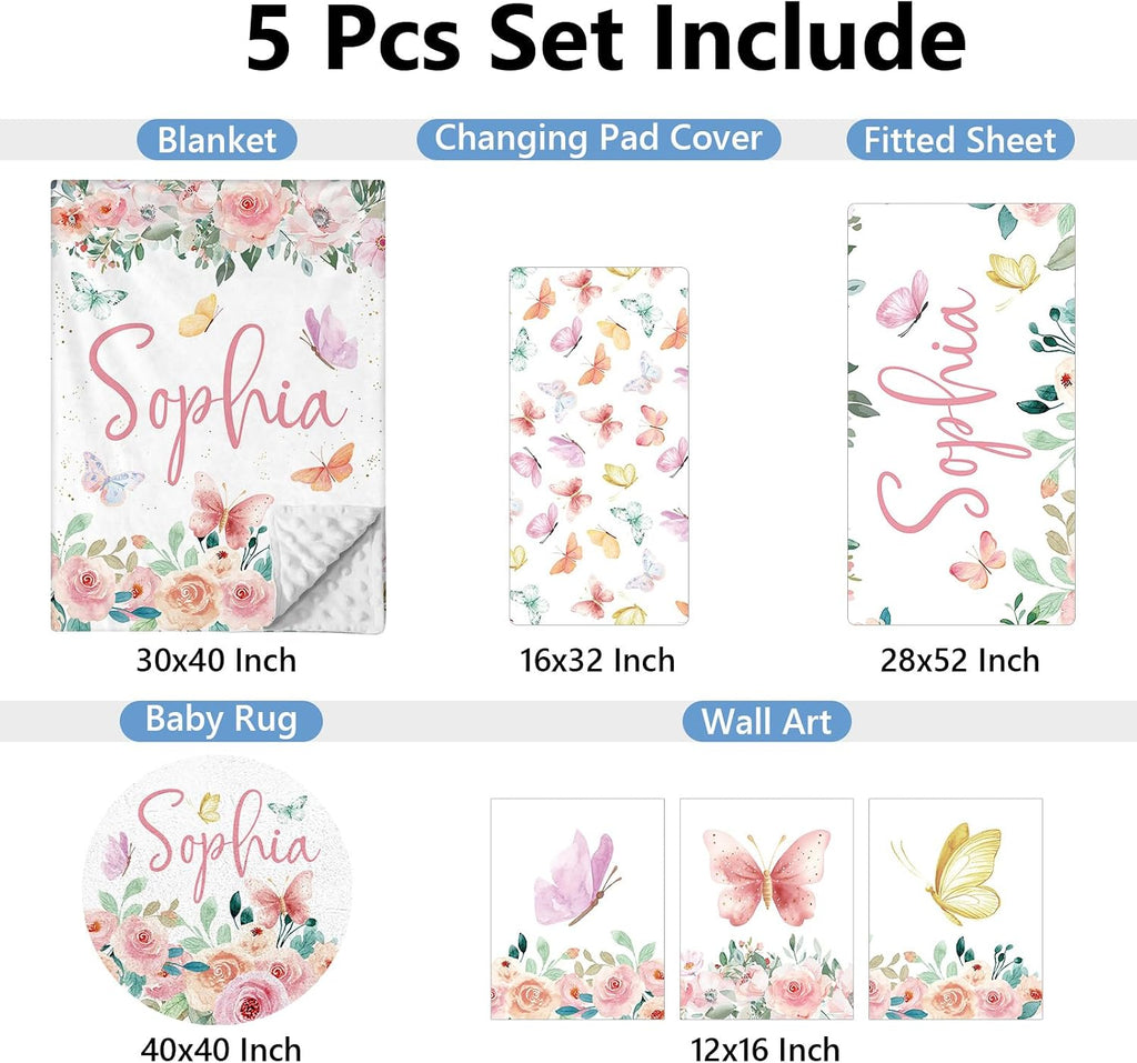 KAINSY Personalized Crib Set, 5 Pcs Custom Baby Crib Sets with Name, Double Layer Butterfly Nursery Bedding Set for Girls, Soft Flannel Bedding Set, Toddler Infant Customized Gift