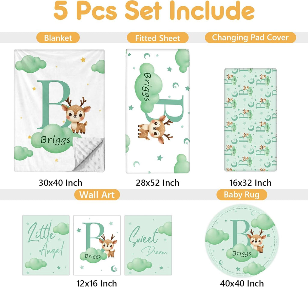 Terwex Personalized Crib Bedding Set, 5 Pcs Custom Nursery Bedding Sets with Name, Infant Bedding Set for Baby Girl Boy, Green Deer Double Layer Baby Crib Set, Toddlers Babies Kids Customized Gifts