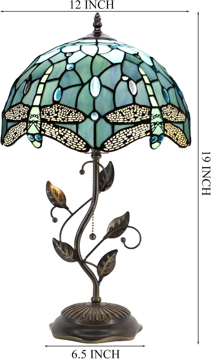 Tiffany Table Lamp Stained Glass Desk Lamp Metal Leaf Base Reading Light 12X19 Inch (Sea Blue Dragonfly)
