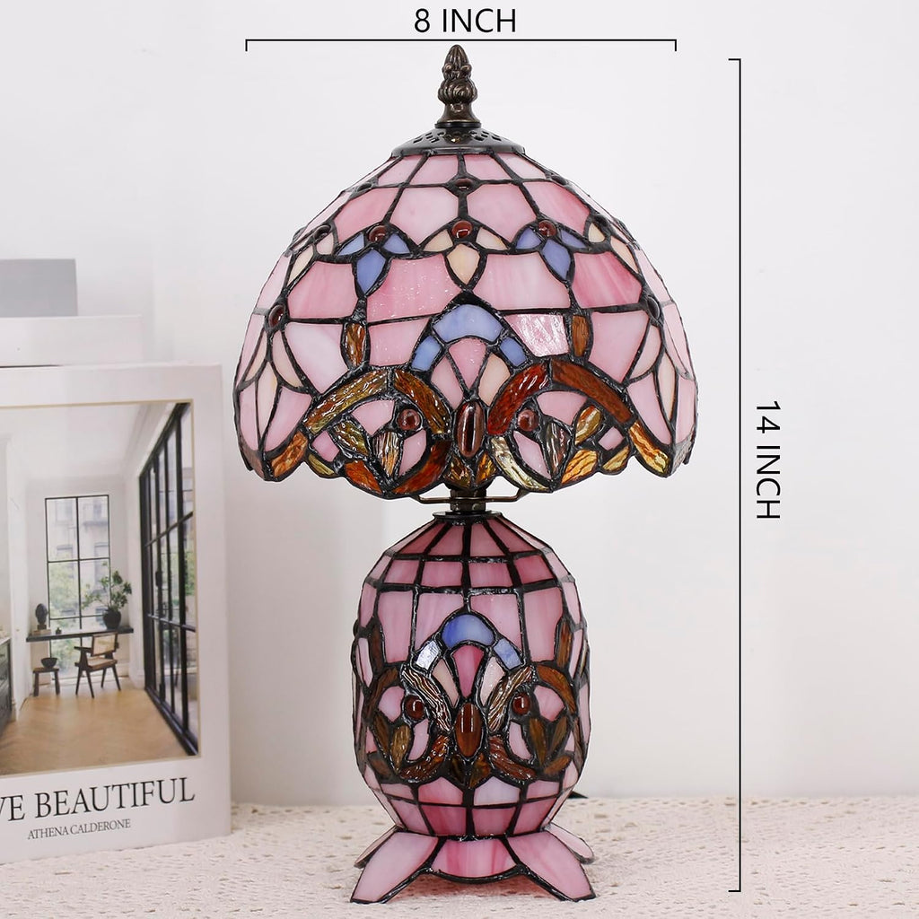 Small Tiffany Lamp Stained Glass Table Lamp Mini Mother Daughter Vase Desk Accent Light for Bedroom Bedside Reading Home Antique Style Decor 8X14 Inches (Pink Baroque)