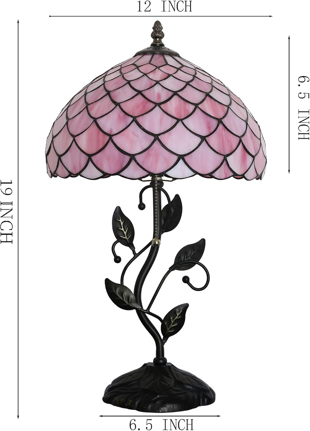Tiffany Lamp Stained Glass Style Table Lamp Pink Fishscale Style Bedside Desk Reading Light W12H19 Inch Metal Leaf Base with Metal Leaf Base