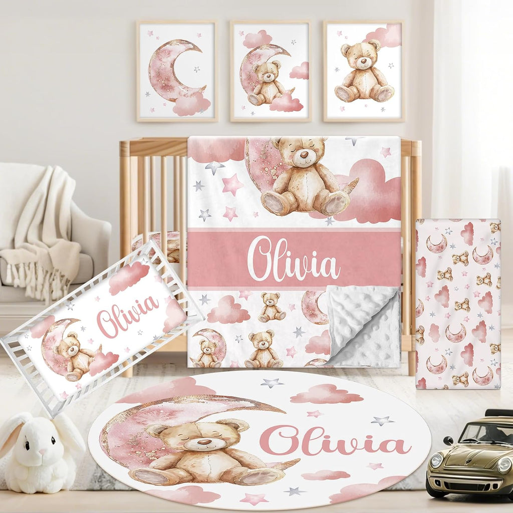 Personalized Baby Crib Bedding Set, 5 Pcs Custom Name Nursery Bedding Set for Girls Boys, Pink Bear Baby Crib Set for Toddlers Infants, Double Layer Bedding Crib Sets Customized Gifts