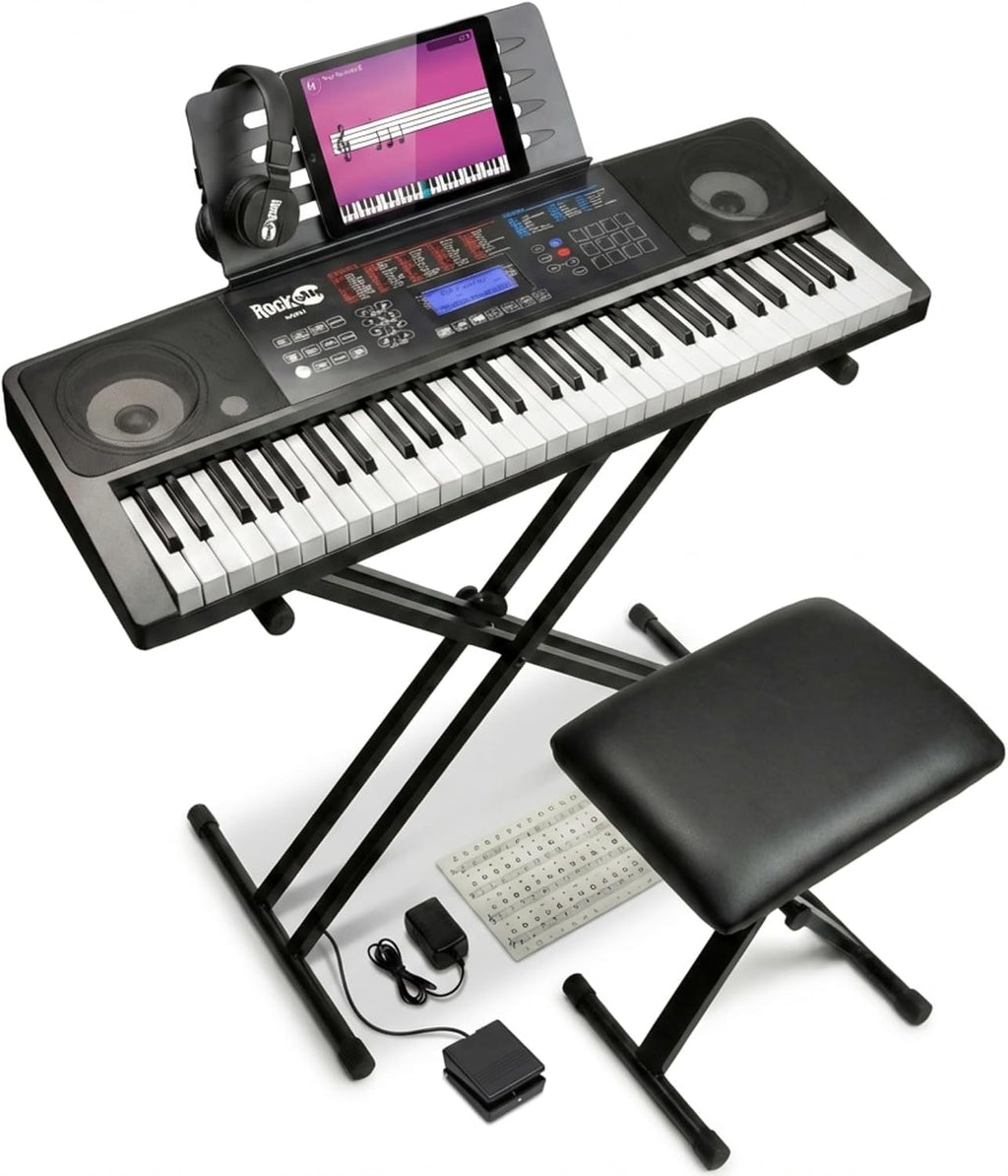 RockJam RJ761 61 Key Keyboard Piano with Keyboard Bench, Digital Piano Stool, Sustain Pedal, Headphones & Lessons