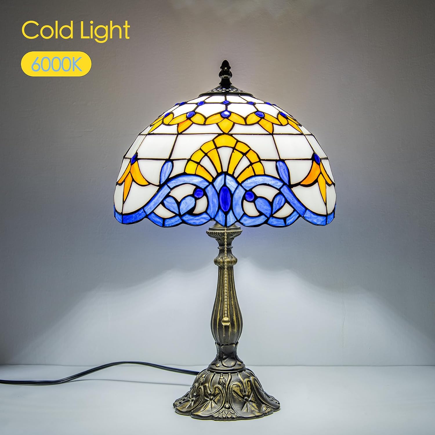 Tiffany Style Table Lamp Vintage Stained Glass Desk Lamp Blue Baroque Bedside Reading Light Decor Bedroom Living Room Home Office D12 xH18