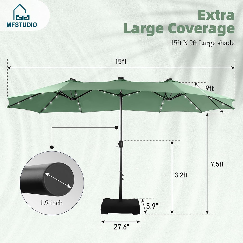 MFSTUDIO 15ft Double Sided Patio Umbrella with Solar Lights, Outdoor Large Umbrellas with Crank Handle and 36 LED Lights, Rectangular Market Umbrella with Base Included for Deck Pool Shade, Mint Green