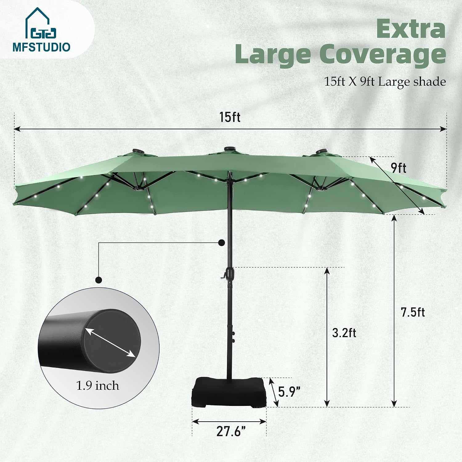 MFSTUDIO 15ft Double Sided Patio Umbrella with Solar Lights, Outdoor Large Umbrellas with Crank Handle and 36 LED Lights, Rectangular Market Umbrella with Base Included for Deck Pool Shade, Mint Green
