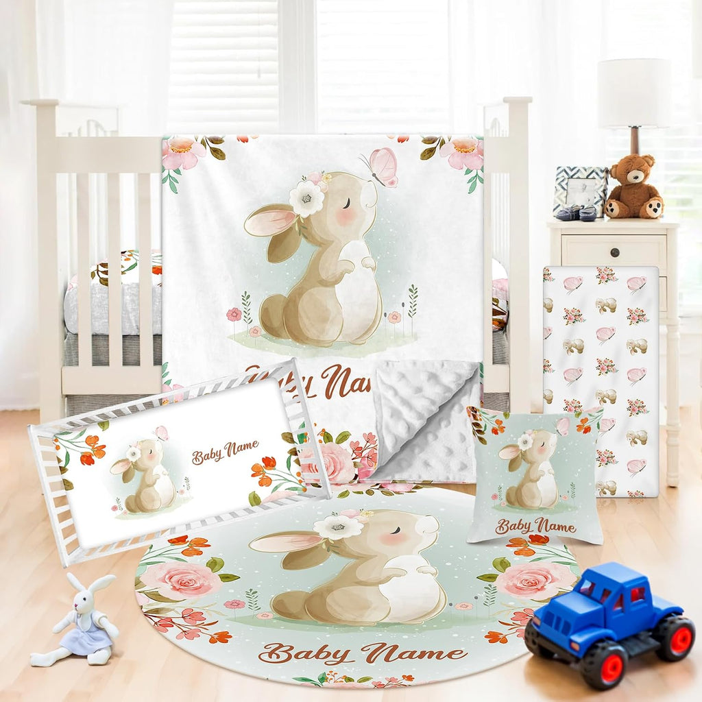 Dyoart Custom Nursery Crib Bedding Set: 5 Piece Rabbit Theme Baby Crib Sets for Girls Boy with Personalized Name - Toddler Double Layer Blanket Set,Comfortable Crib Bed Sheets for Toddlers