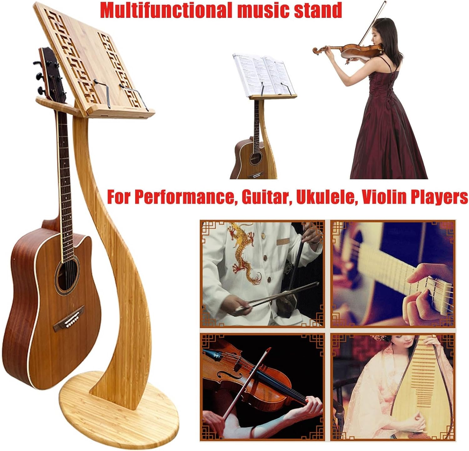 Bamboo Sheet Music Stand, Guitar Violin Music Stand, Traditional Wooden Artisanship, Sturdy Music Book Stand, Music Sheet Stand for Instrumental Performance & Band,