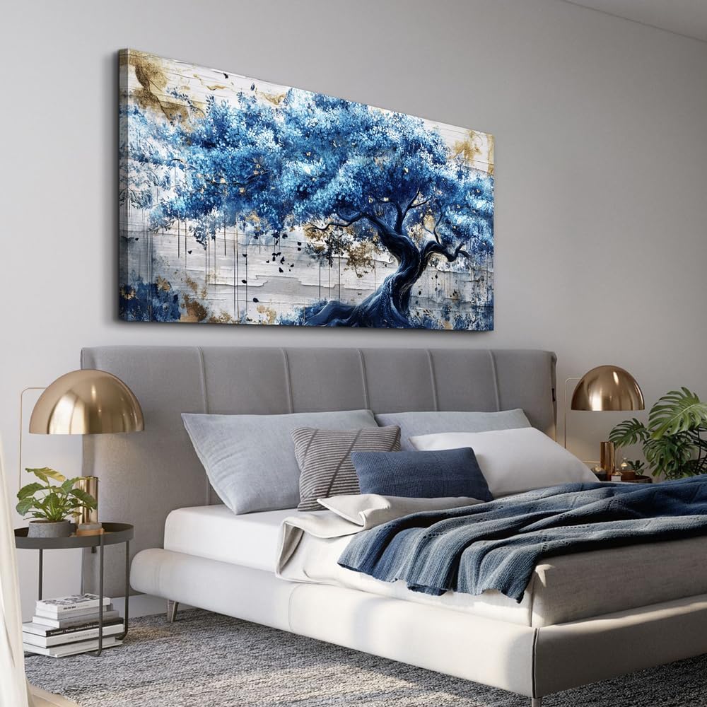 ERQINHUA Large Canvas Wall Decor For Living Room Wall Art For Bedroom Office Decor Blue Tree Wall Paintings Farmhouse Abstract Watercolour Pictures Artwork Home Decor Ready To Hang Posters 30'X60'