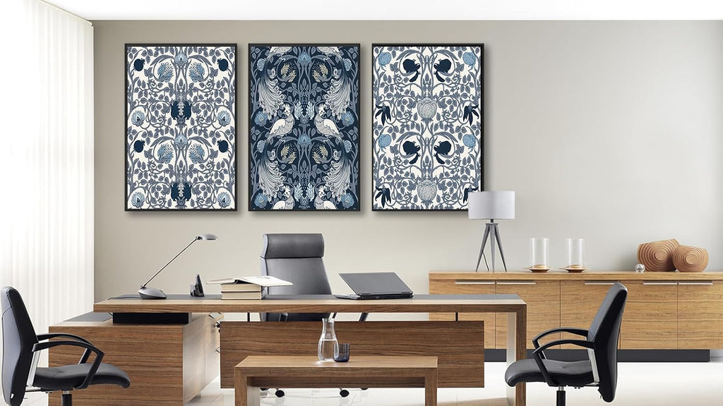 Large Framed Canvas Wall Art - Navy Blue Pictures William Morris Style for Living Room Boho Prints Bird Flower Wall Decor for Bedroom Dining Room Black Float Frame 32' X 48' X 3 Pieces