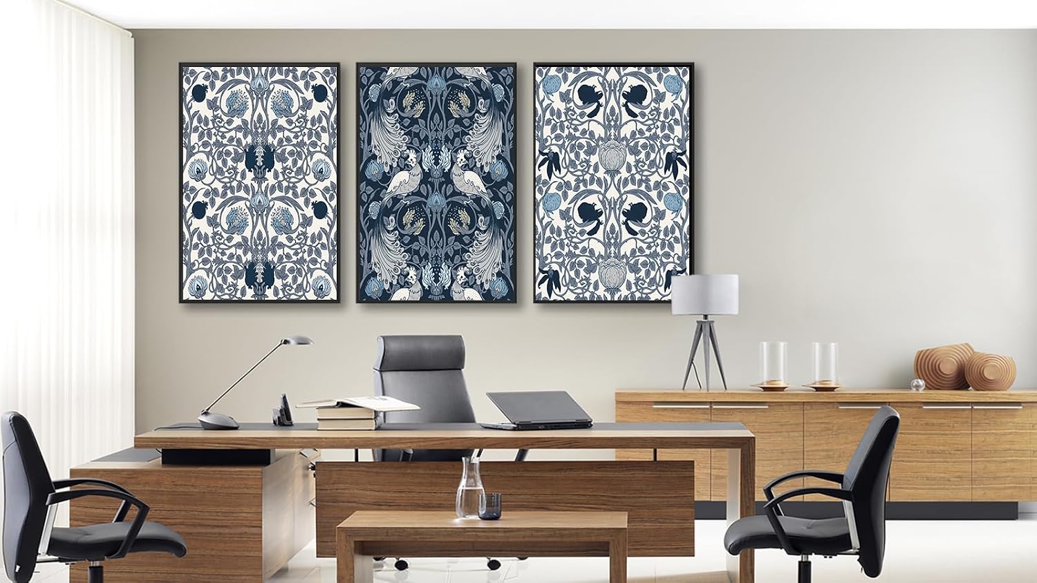 Large Framed Canvas Wall Art - Navy Blue Pictures William Morris Style for Living Room Boho Prints Bird Flower Wall Decor for Bedroom Dining Room Black Float Frame 32' X 48' X 3 Pieces