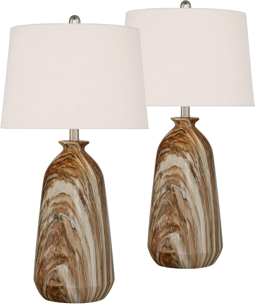 360 Lighting Carlton 28' Tall Modern Table Lamps Set of 2 with Smart Sockets Brown Faux Marble Living Room Bedroom Bedside Nightstand House Office Home Reading Kitchen Entryway White Shade